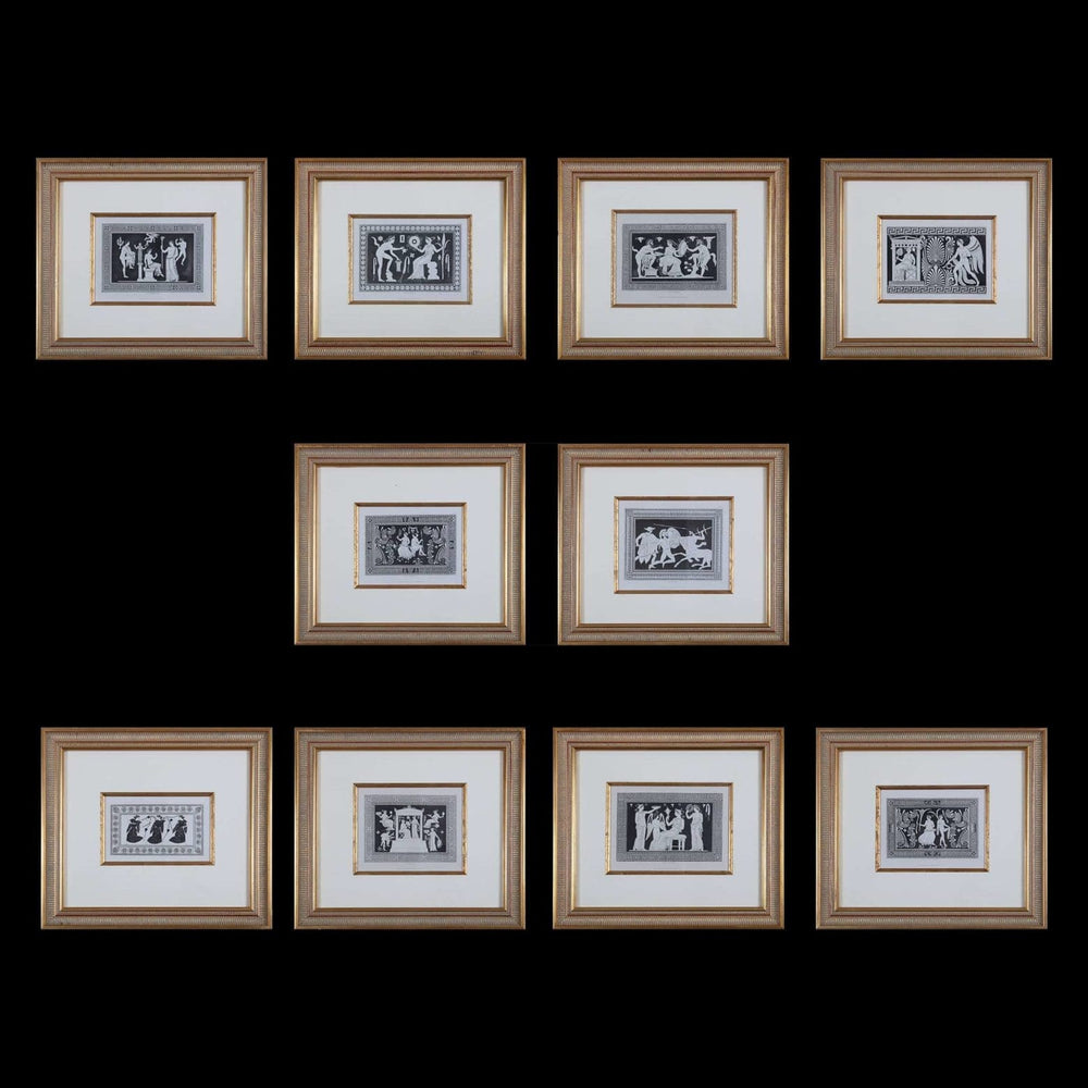 Set of 12 framed black and white vase engravings by Henry Moses from Nwtiques collection, 1848.