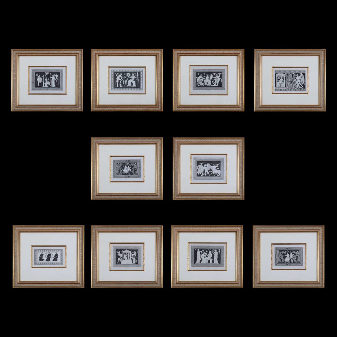 Set of 12 framed black and white vase engravings by Henry Moses from Nwtiques collection, 1848.