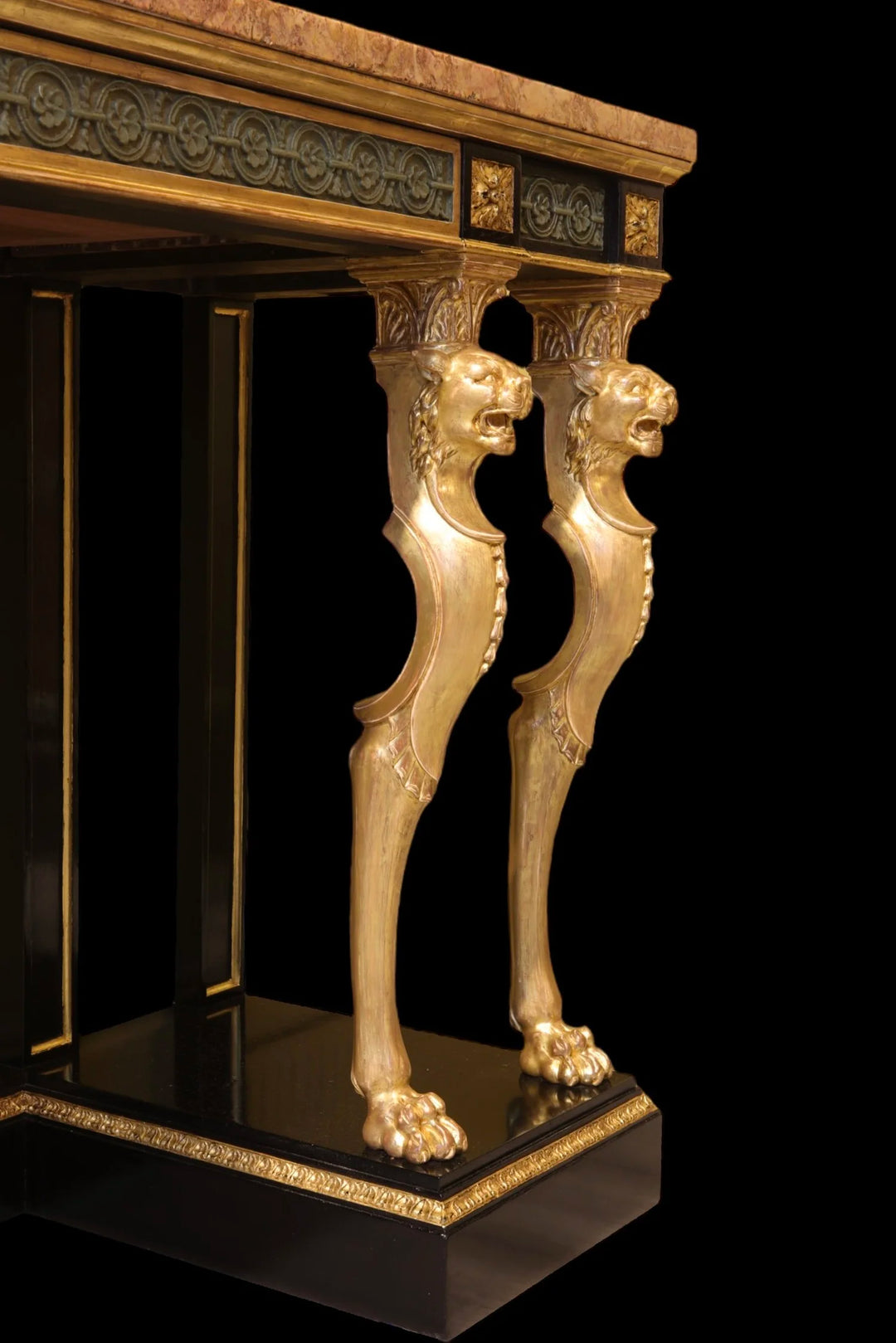 Mid 19th century Holland and Sons giltwood and black mahogany console table by Collection CK40 with marble top and lion legs