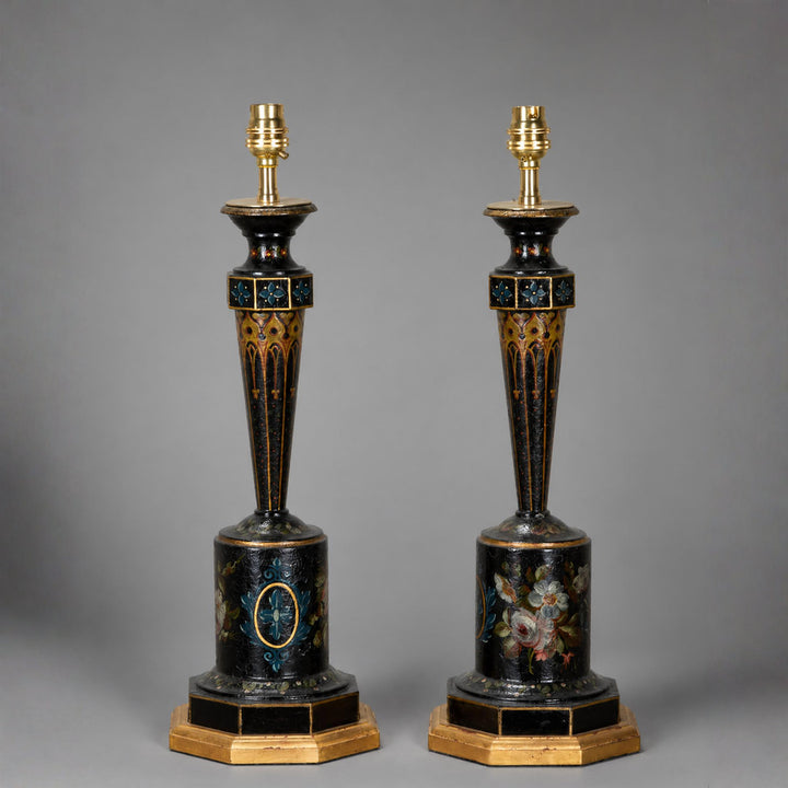 Pair of 19th Century French Japanned Tole Table Lamps