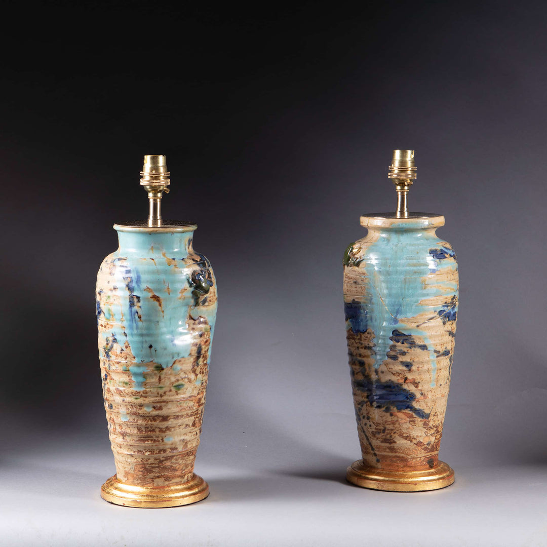 Pair of late Edo Japanese vases turned lamps with kintsugi repairs and blue glaze from Collection TH20