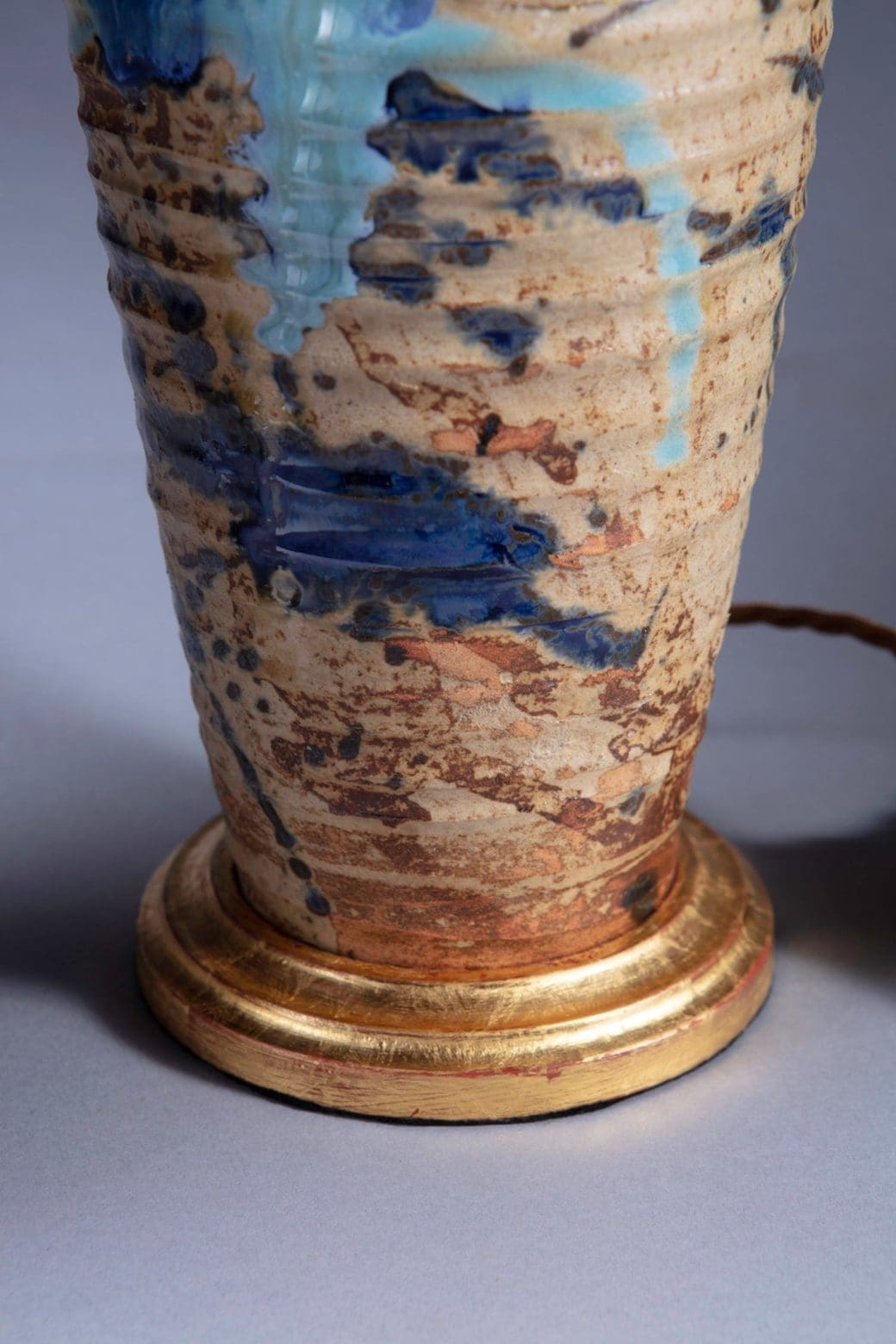 Close-up of a late Edo Japanese vase lamp with blue glaze and gold base from Collection TH20