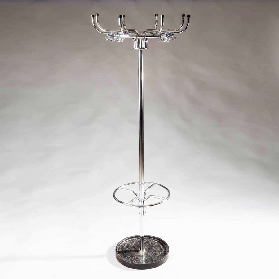 Mid century chrome hall stand on black cast iron base with hooks and umbrella holder by The Sold Archive