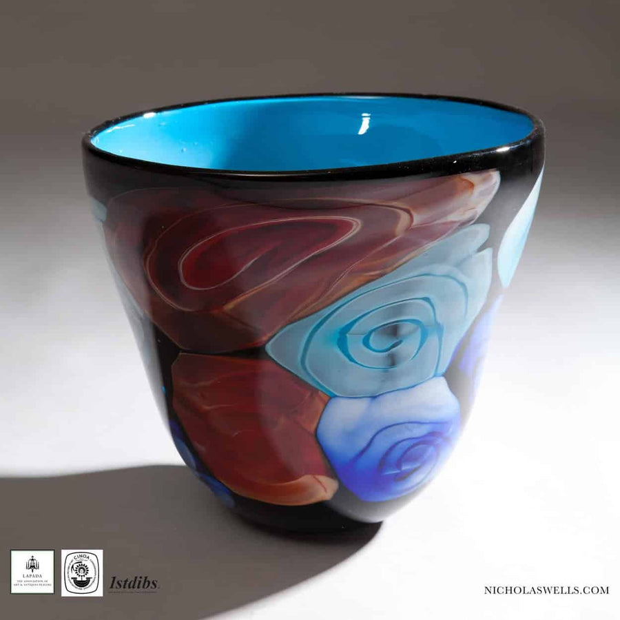Murano art glass vase with blue and colorful blobs by The Sold Archive Italian signed Tobo design 20th century