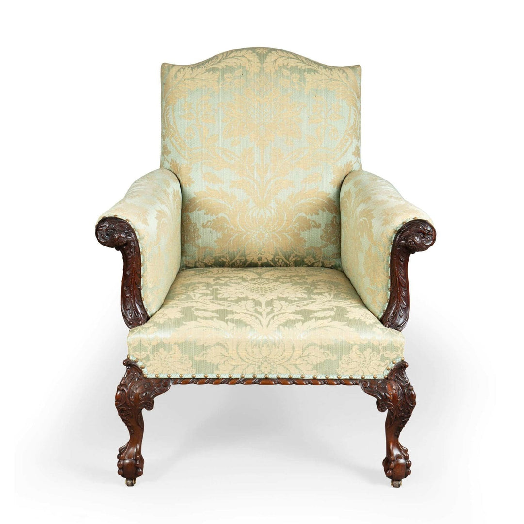 19th Century English mahogany library chair with carved details and damask upholstery by Collection CK20