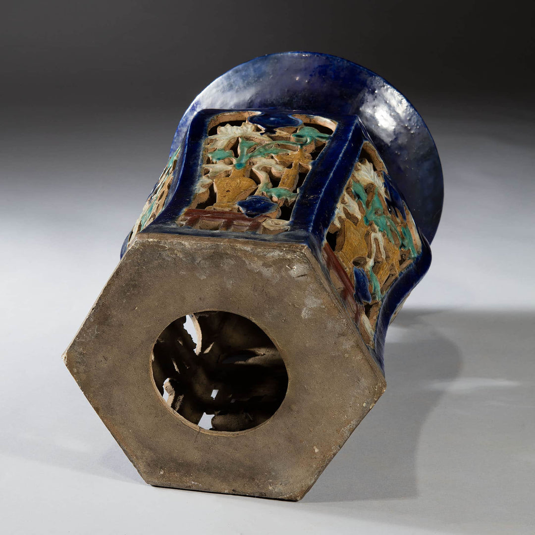 Pair of blue glazed Chinese pottery garden seats with intricate mid-century decorative pierced design by Collection EE30
