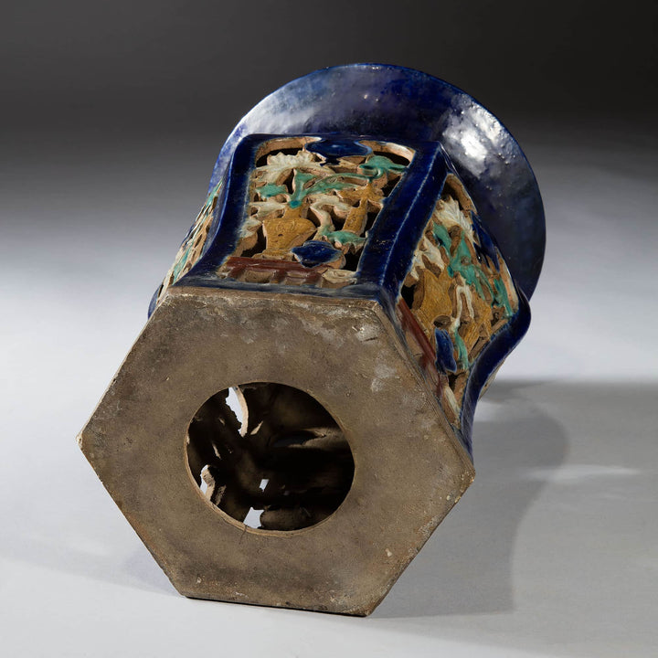 Pair of blue glazed Chinese pottery garden seats with intricate mid-century decorative pierced design by Collection EE30