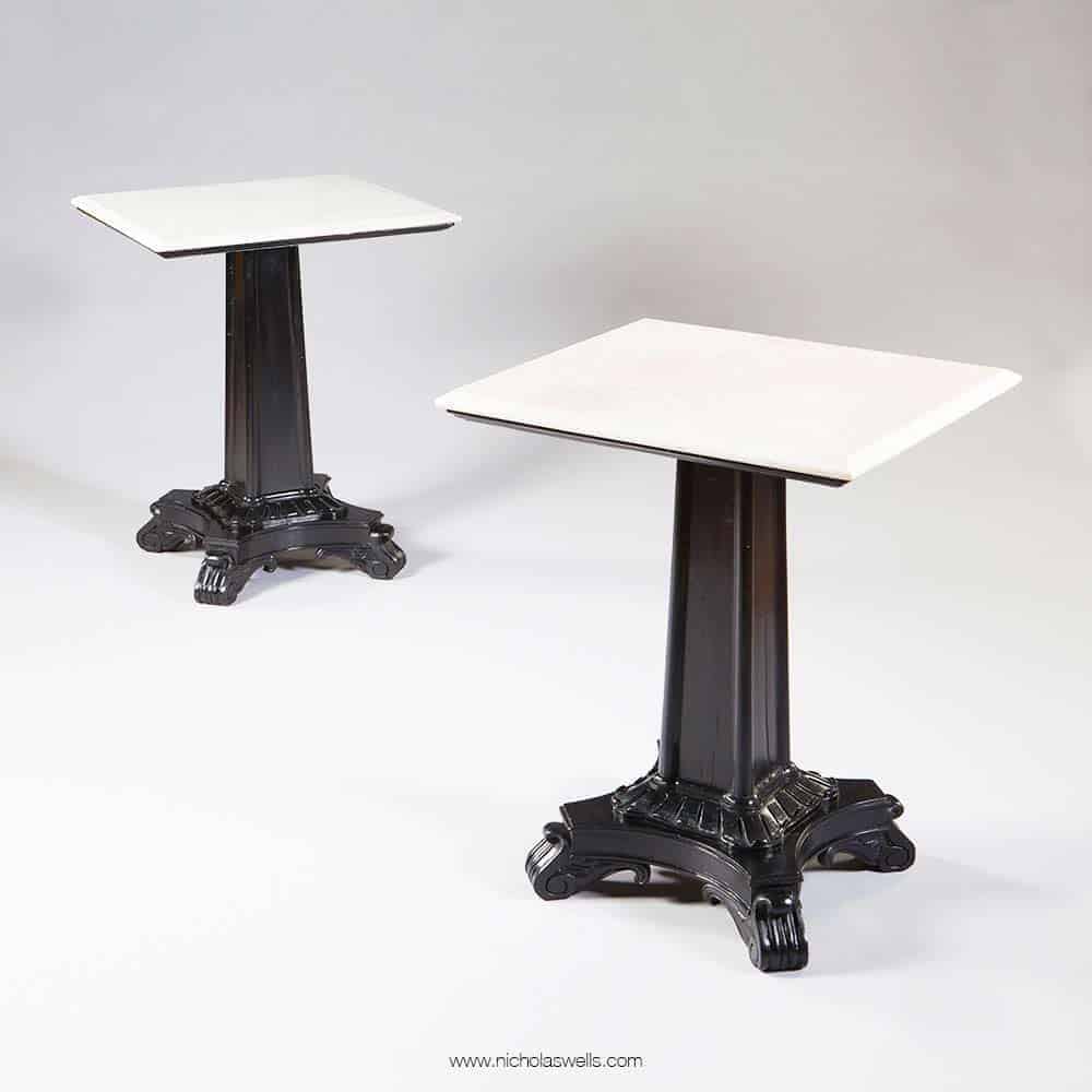 Pair of ebonised pedestal occasional tables with square marble tops by The Sold Archive