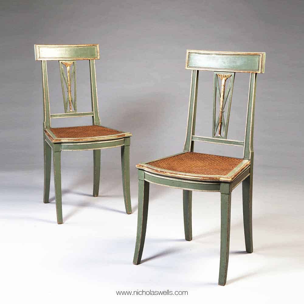 Pair of Italian green painted and gold side chairs with caned seats by Nwtiques circa 1900