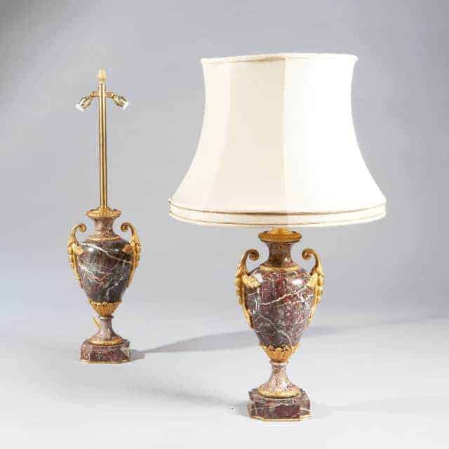 Pair of neo classical marble and ormolu lamps by The Sold Archive with elegant gold accents and cream shade