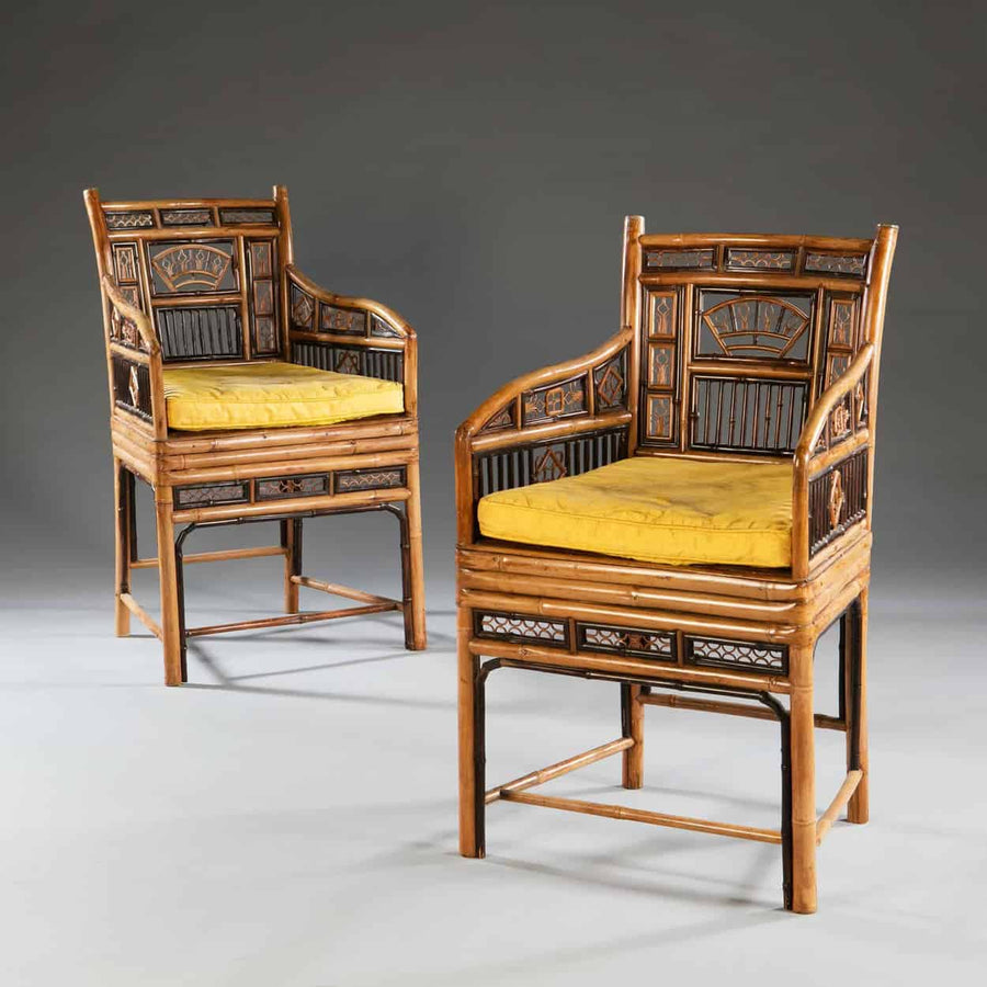 Pair of Georgian Regency bamboo open armchairs with yellow cushions by The Sold Archive circa 1810 English Chinoiserie