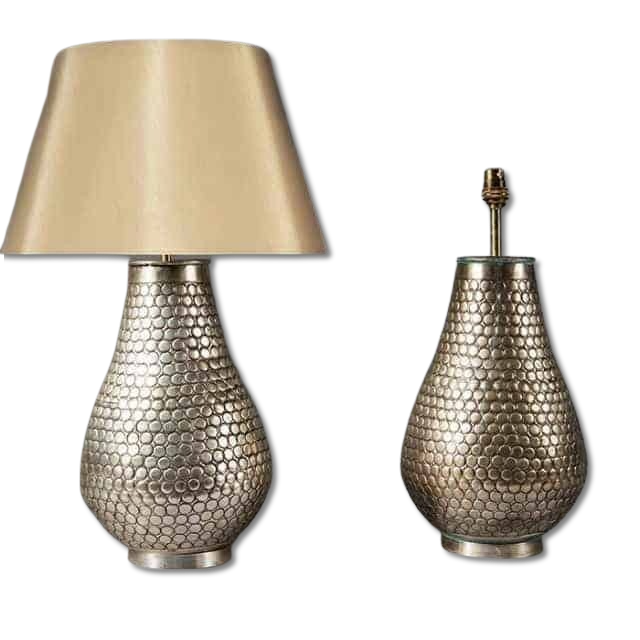 Pair of Decorative Nickel Table Lamps with silvered textured bases and beige lampshade, modern design, 35 cm height.