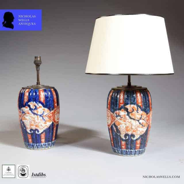 Pair of late 19th century Japanese Imari porcelain table lamps with coral orange and blue design by The Sold Archive