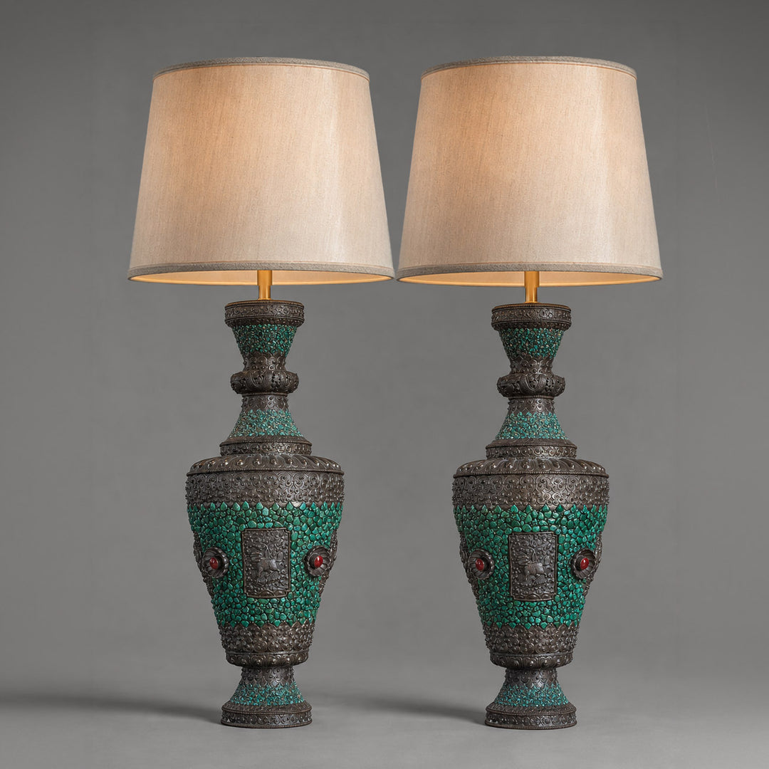 Pair of Decorative Stone-Encrusted Metal Lamps