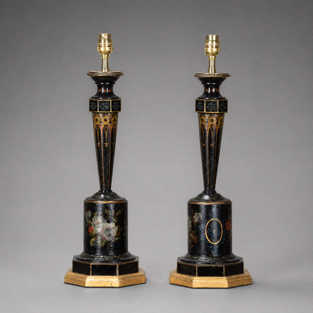Pair of 19th Century French Japanned Tole Table Lamps