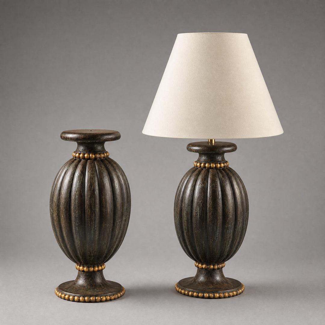 Pair of Wooden Lamp Bases with Patinated Foil and Gilt Pearls