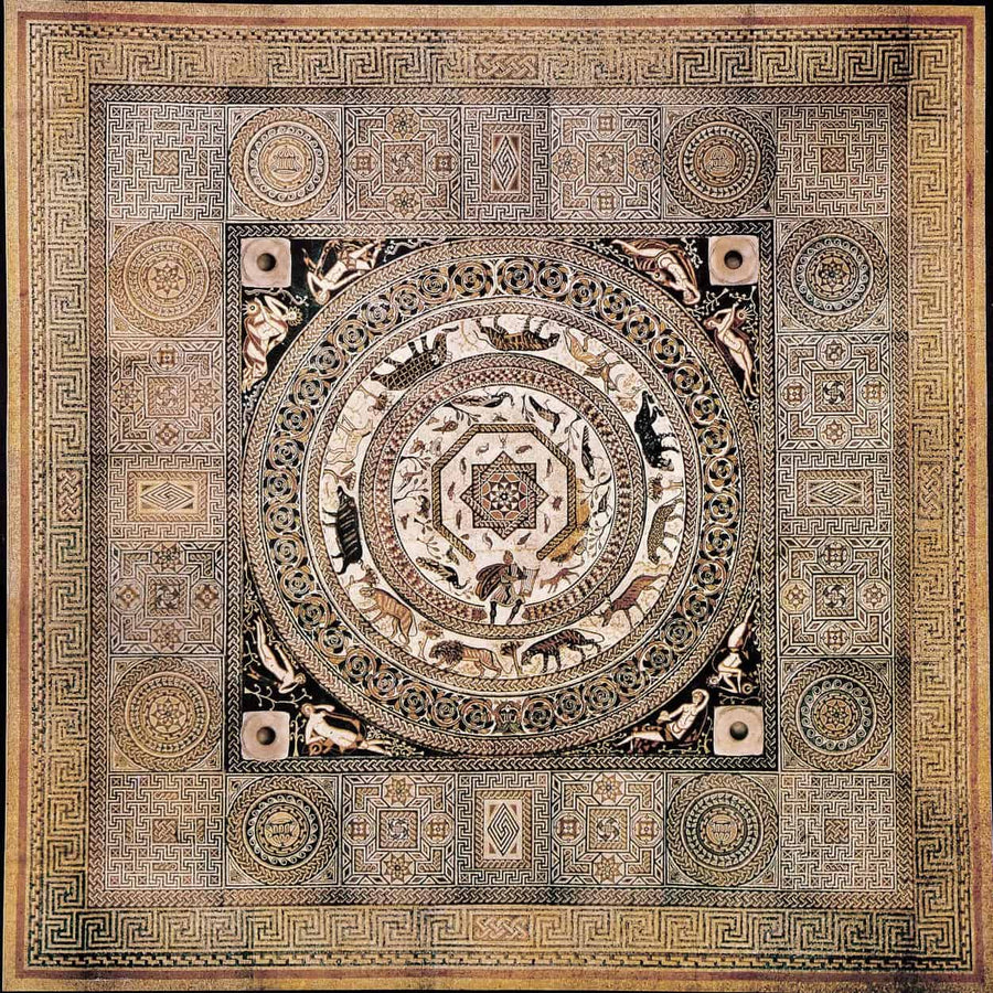 Intricate Roman mosaic floor featuring animal motifs and geometric patterns by The Sold Archive