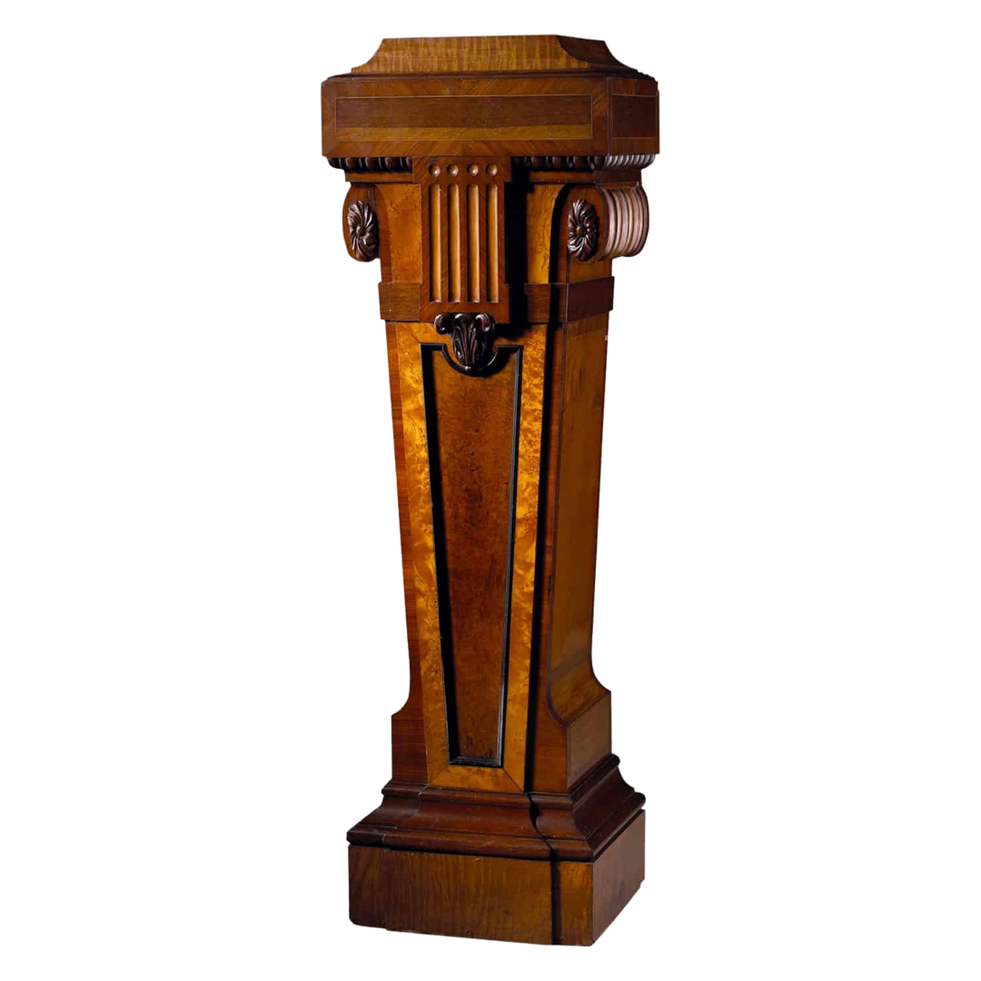 Burr Amboyna and Satinwood Pedestal by Wright & Mansfield, English antique wooden display stand circa 1870.