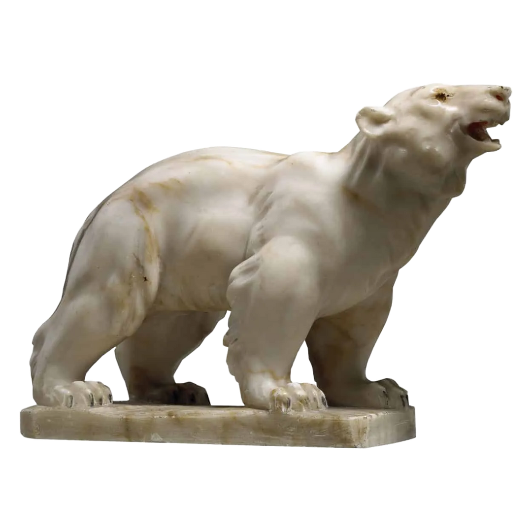Early 20th Century Alabaster Polar Bear sculpture, French, circa 1925, detailed white alabaster figure on base.