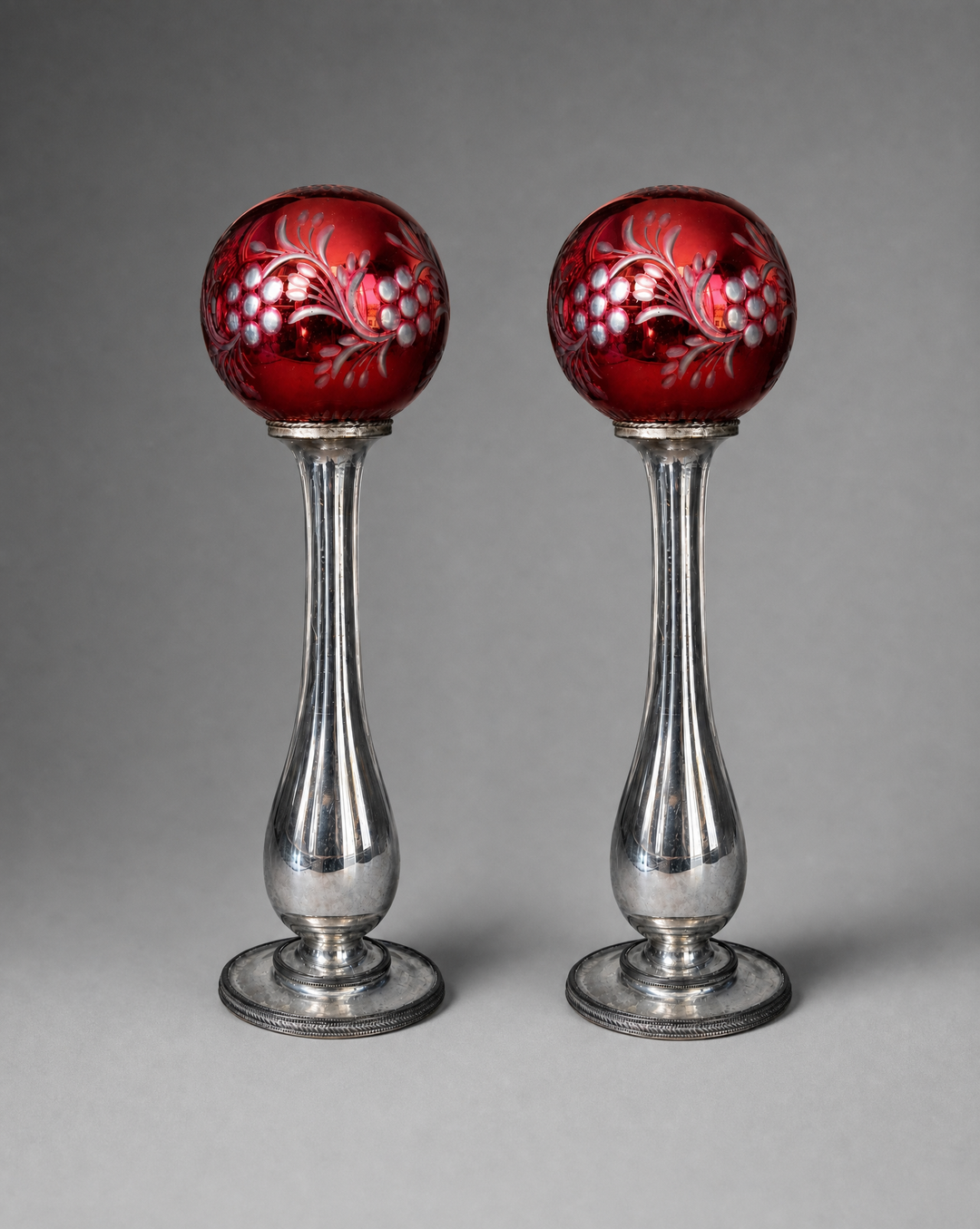 Pair of Mirrored Glass Hat Stands with Ruby Cut Glass Finials