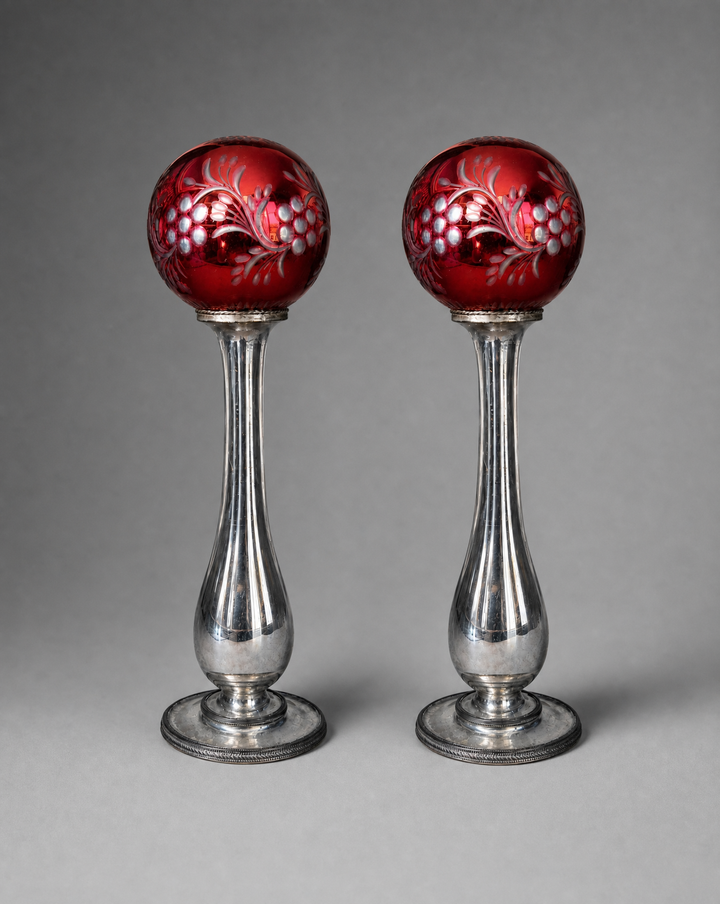 Pair of Mirrored Glass Hat Stands with Ruby Cut Glass Finials