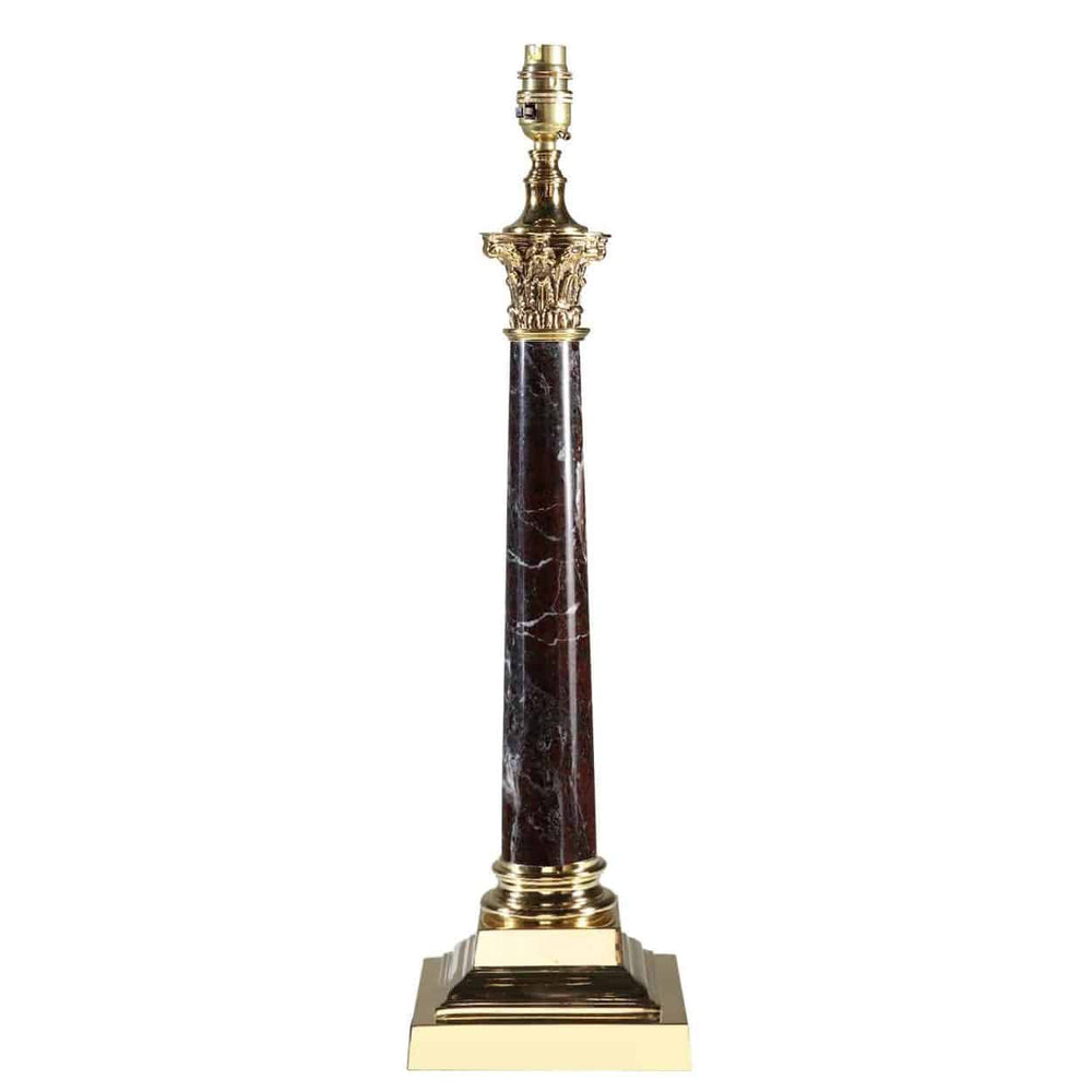 Corinthian Marble Column Lamp With Polished Bases featuring a tall marble column and polished brass top and bottom.
