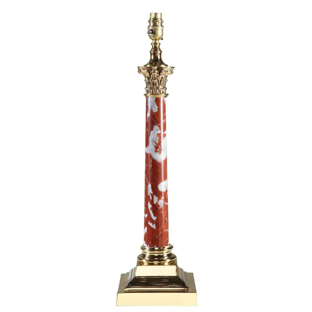 Corinthian Marble Column Lamp With Polished Bases featuring red and white marble column and polished brass top and bottom.