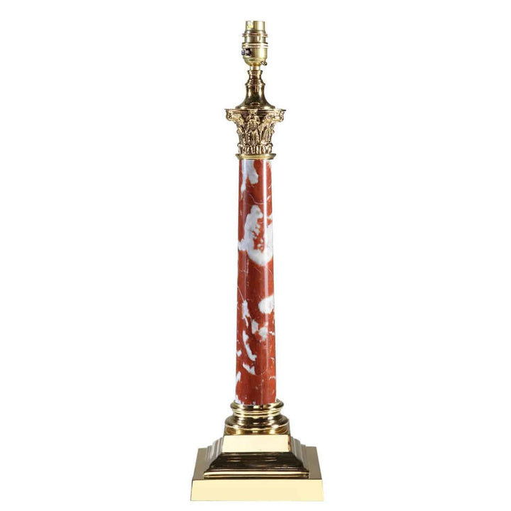 Corinthian Marble Column Lamp With Polished Bases featuring red and white marble column and polished brass top and bottom.