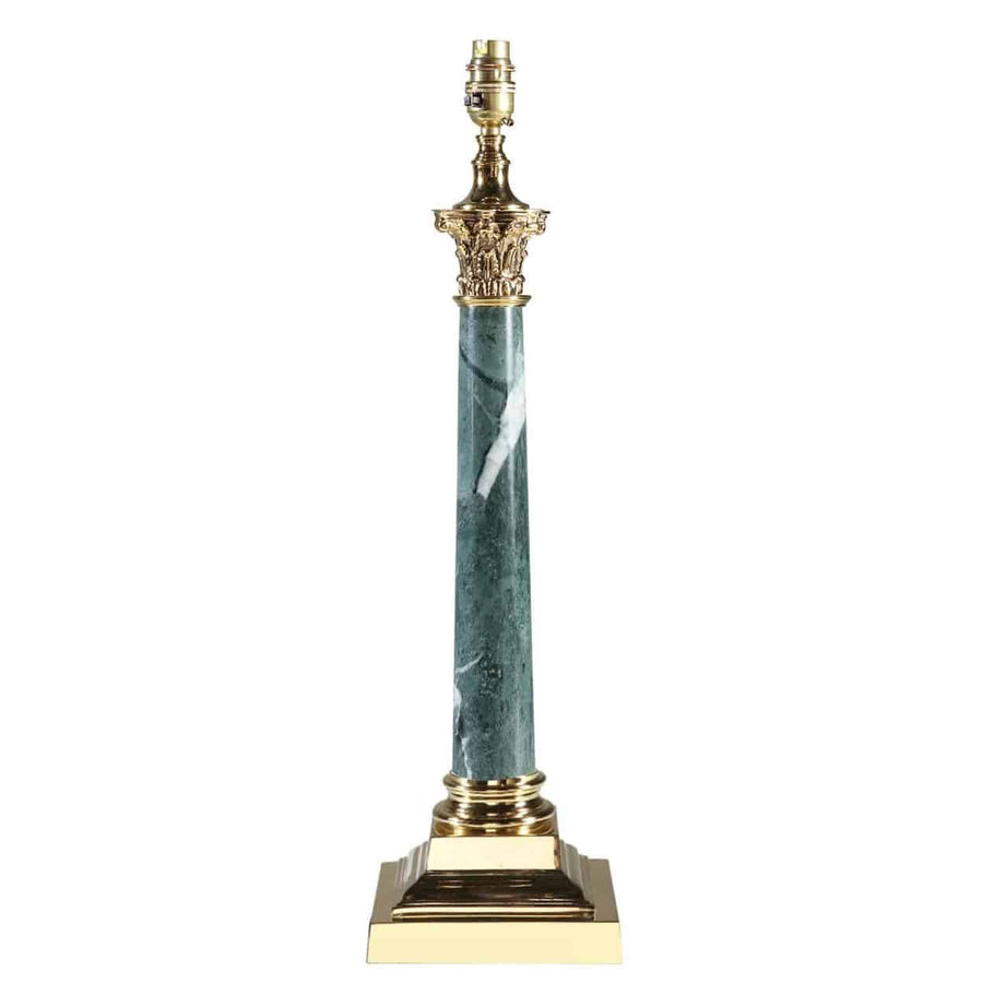 Corinthian Marble Column Lamp with polished brass bases and top, featuring green marble column, height 51cm to column top