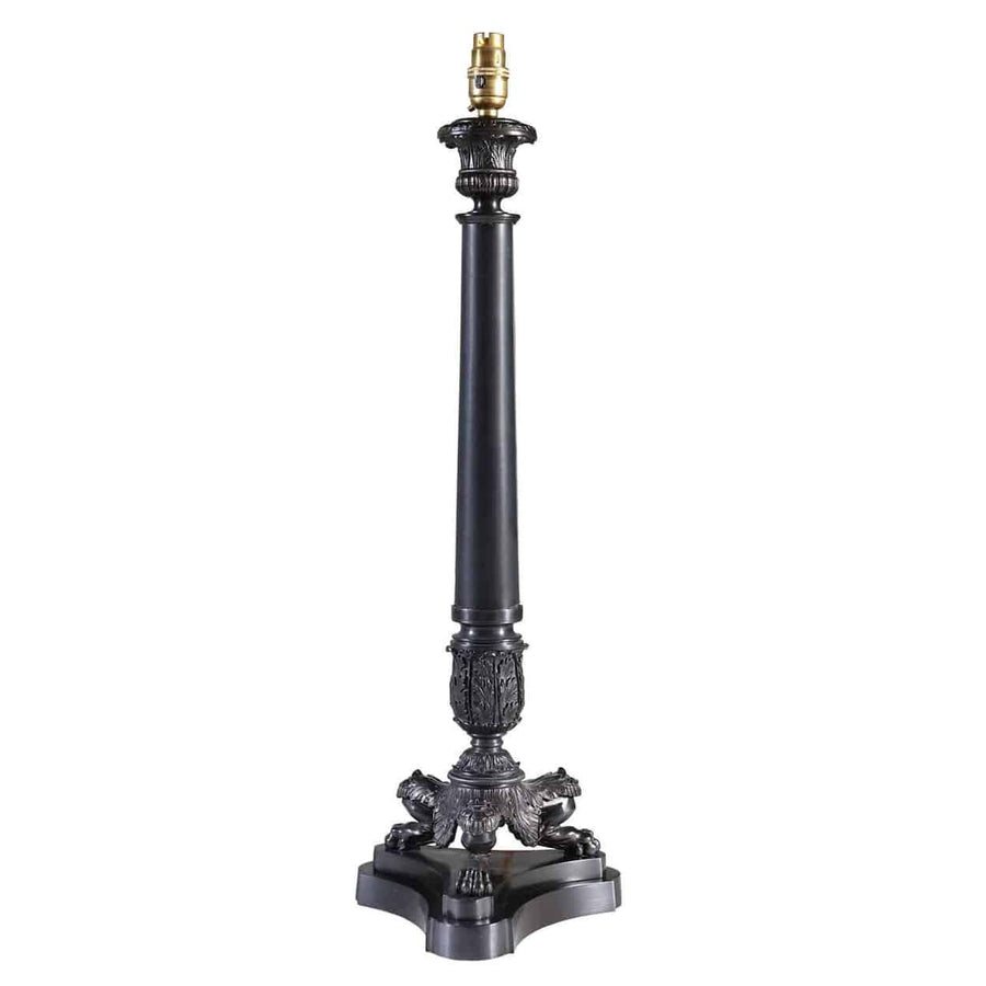 Dark Bronze Tall Marble Tripod Column Lamps by The Neo-Classical Lamp Co. with ornate base and 24-inch height.