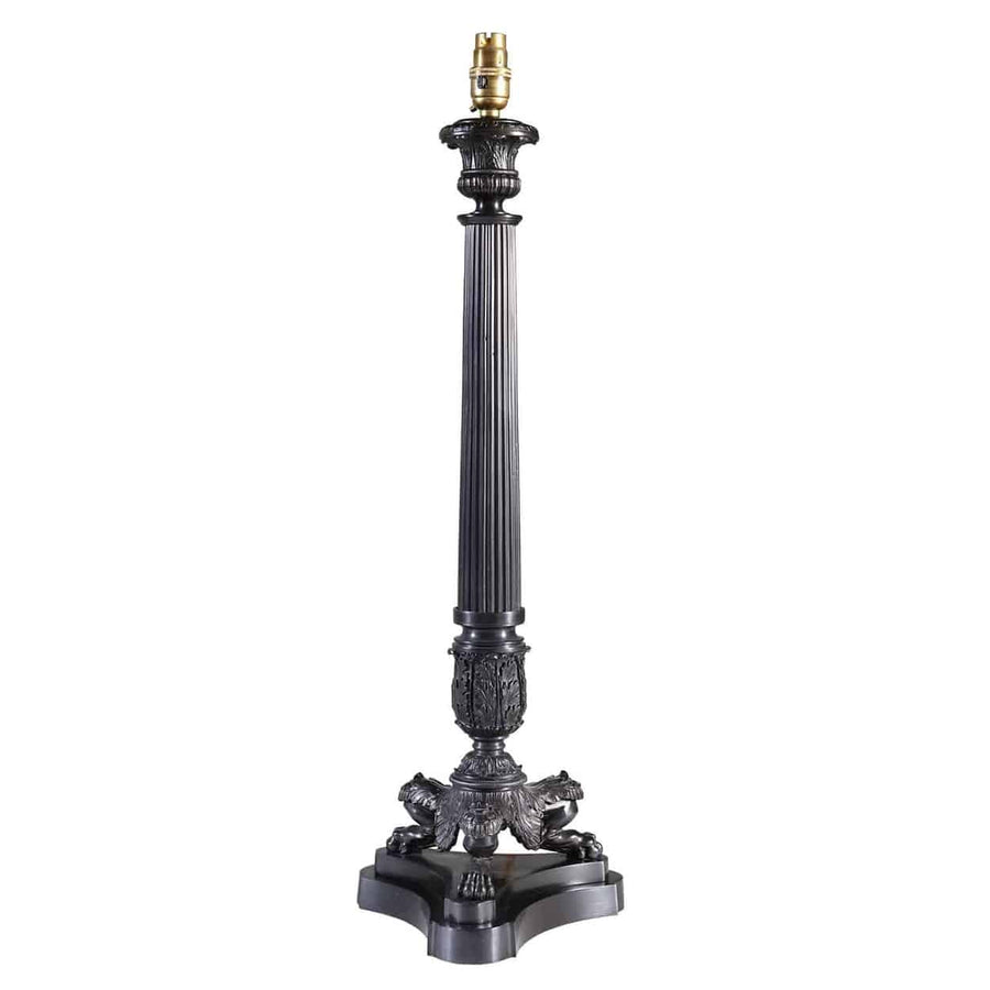 Tall Black Tripod Fluted Column Lamps with bronze finish and detailed base from England circa 1980, model AJ3R.