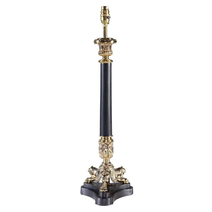 Tall Black Tripod Fluted Column Lamps with bronze accents and intricate design, circa 1980, height 61 cm.