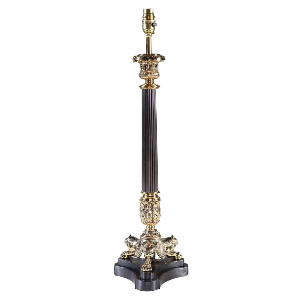 Tall Black Tripod Fluted Column Lamps with bronze detailing and ornate base in vintage English style circa 1980.