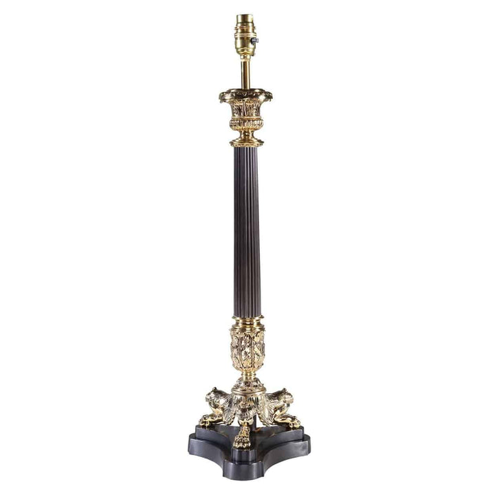 Tall Black Tripod Fluted Column Lamps with bronze detailing and ornate base in vintage English style circa 1980.