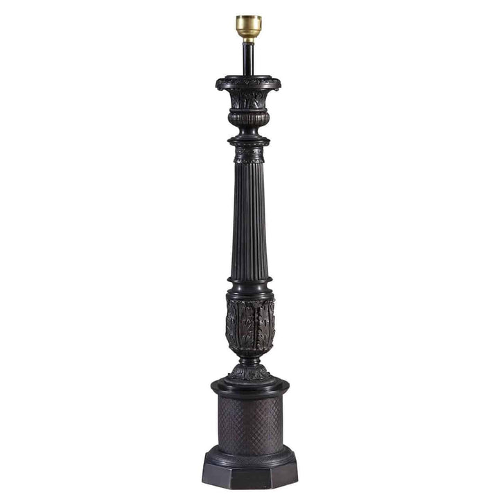 Pair of Dark Bronze Empire Column Lamps After The Antique AJX with intricate classical design and fluted column details