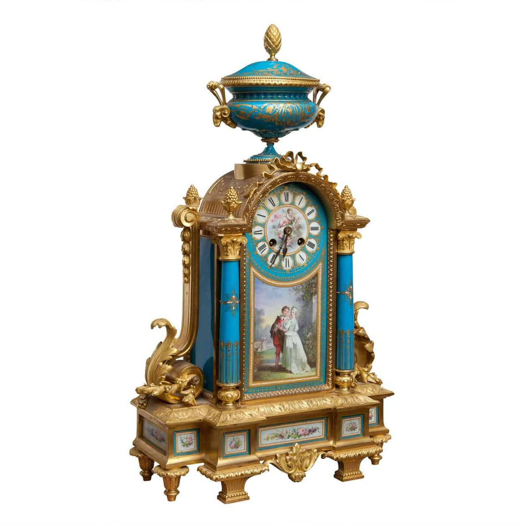 Napoleon III Sevres and ormolu clock with courting couple scene by Nwtiques circa 1870