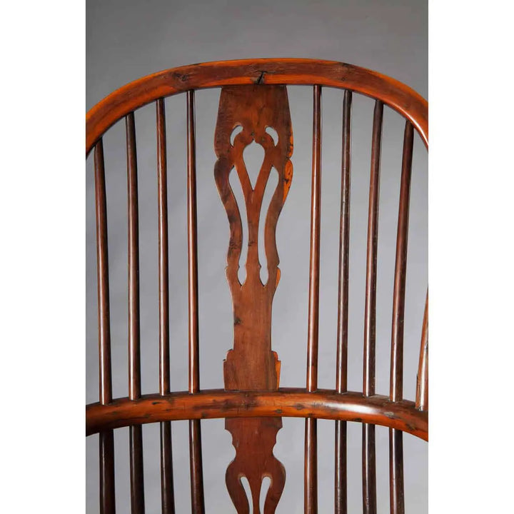 Close-up of original yew wood Windsor chair backrest with carved central splat by Collection CK20