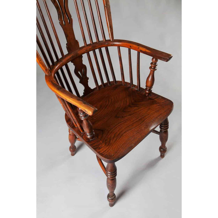 Original yew wood Windsor chair circa 1830 with turned details and crinoline stretcher by Collection CK20