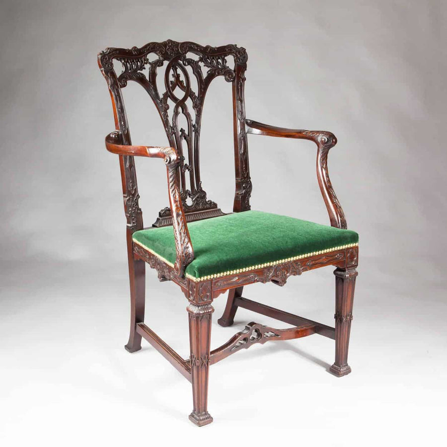 Chippendale mahogany armchair with green velvet seat, intricate carvings by The Sold Archive, England circa 1850