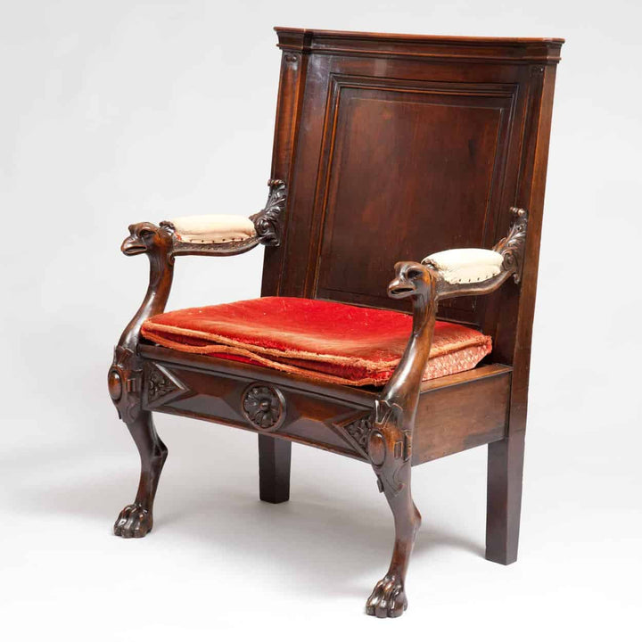 Solid walnut 19th century English armchair with eagle head arms and red velvet cushion from Collection CK20