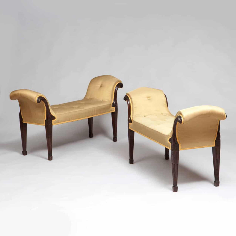 A Pair Of George III Mahogany Window Seats with acanthus scrolls and beige upholstery from The Sold Archive
