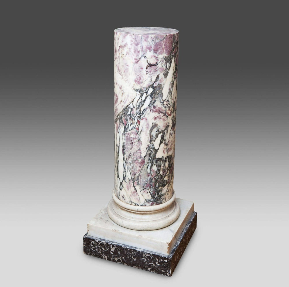 A Fine Richly Figured Breche Violette Marble Pedestal with purple, black, white marble on Carrara and fossil base.