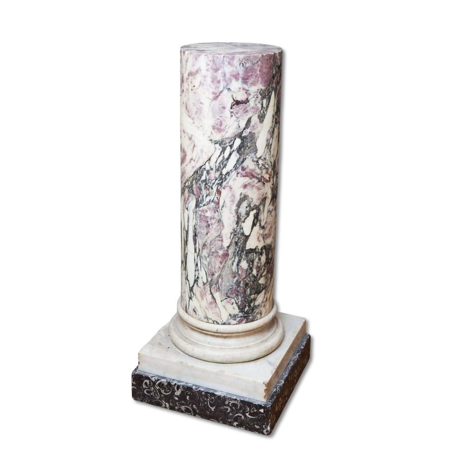 A Fine Richly Figured Breche Violette Marble Pedestal with purple, black, and white marble on Carrara base.