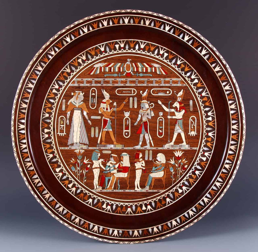 Early 20th century Egyptian Revival wooden charger with mother of pearl inlay by The Sold Archive