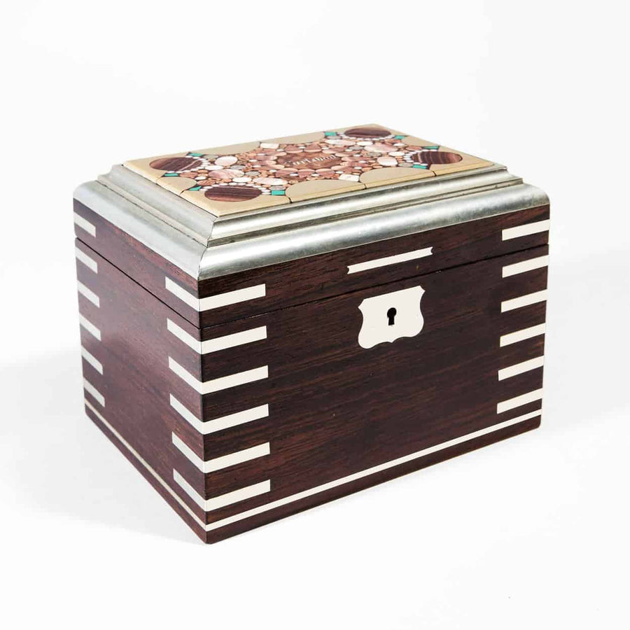Bohemian Carlsbad Spa Box by Nicholas Wells Antiques featuring rosewood, white metal, and hardstone inlay circa 1870
