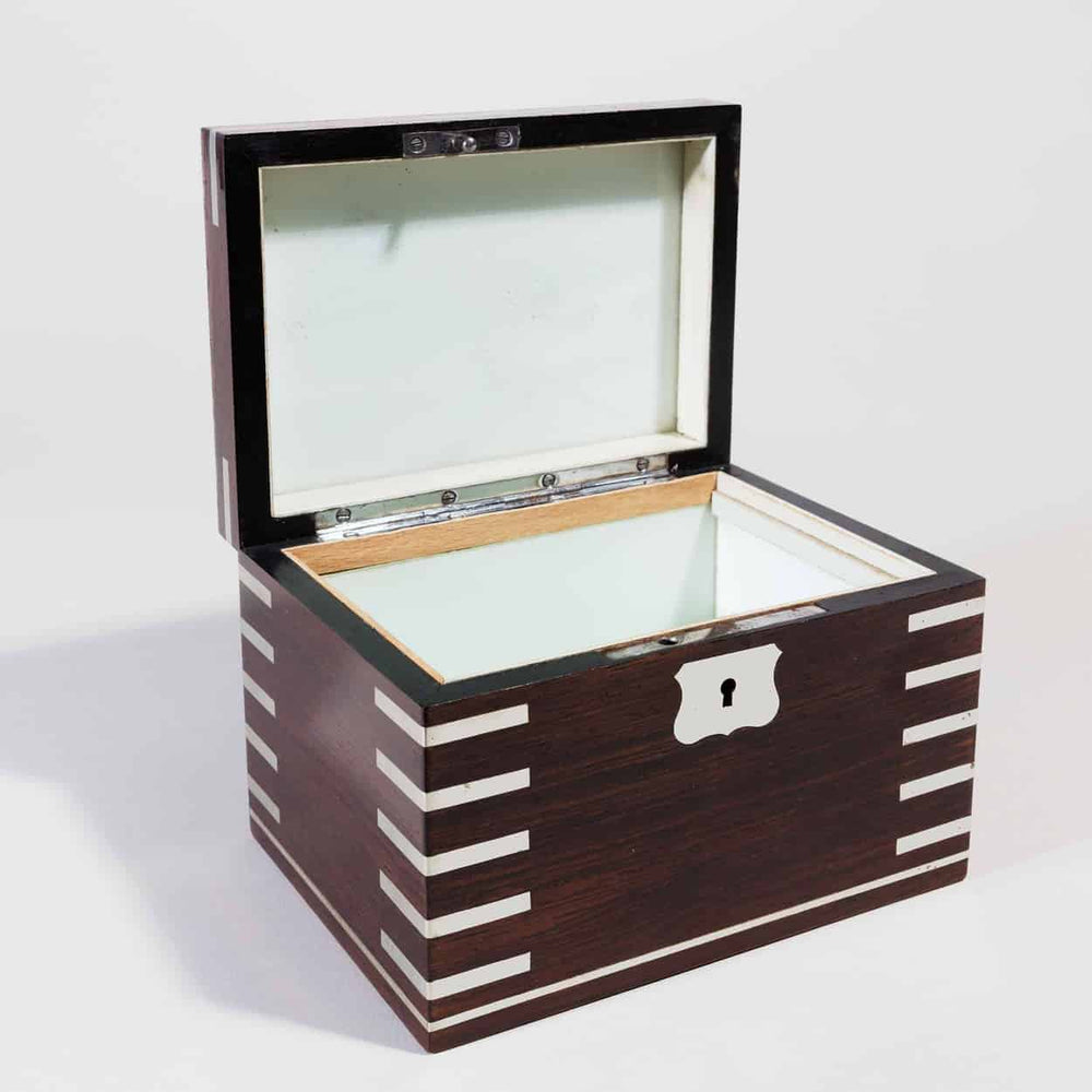 Open Bohemian Carlsbad spa box with rosewood and white metal inlays by Nicholas Wells Antiques