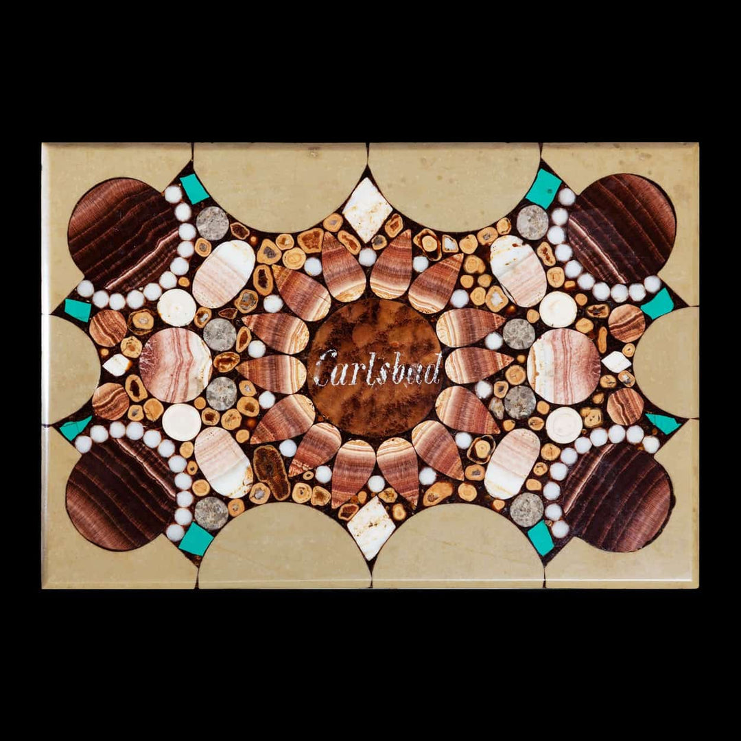 Bohemian Carlsbad Spa box with hardstone inlaid rosewood and white metal by Nwtiques