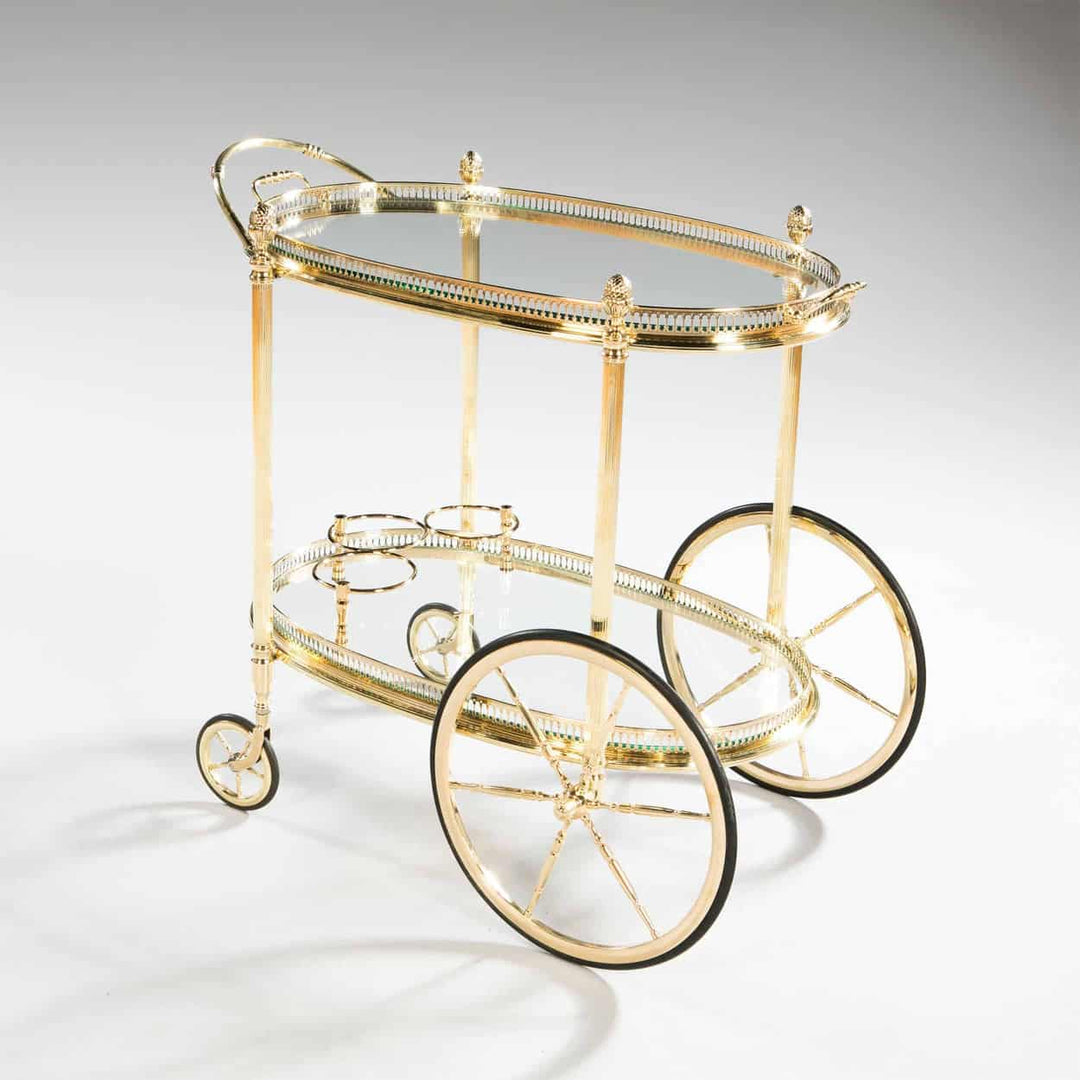 Mid Century Maison Jansen bar cart drinks trolley with gold frame and glass shelves by Nicholas Wells Antiques