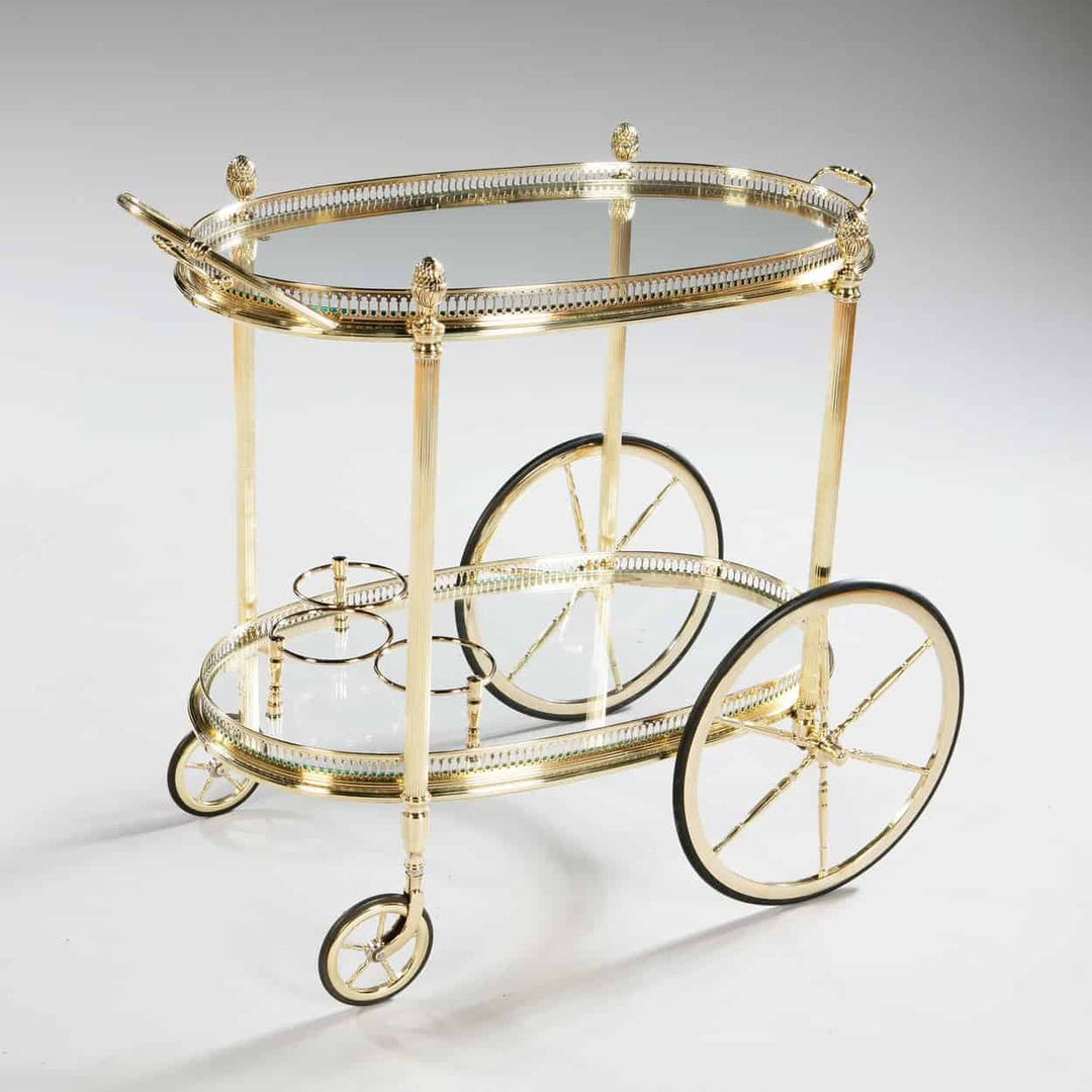 Mid-century Maison Jansen bar cart drinks trolley with gold frame and glass shelves by Nicholas Wells Antiques