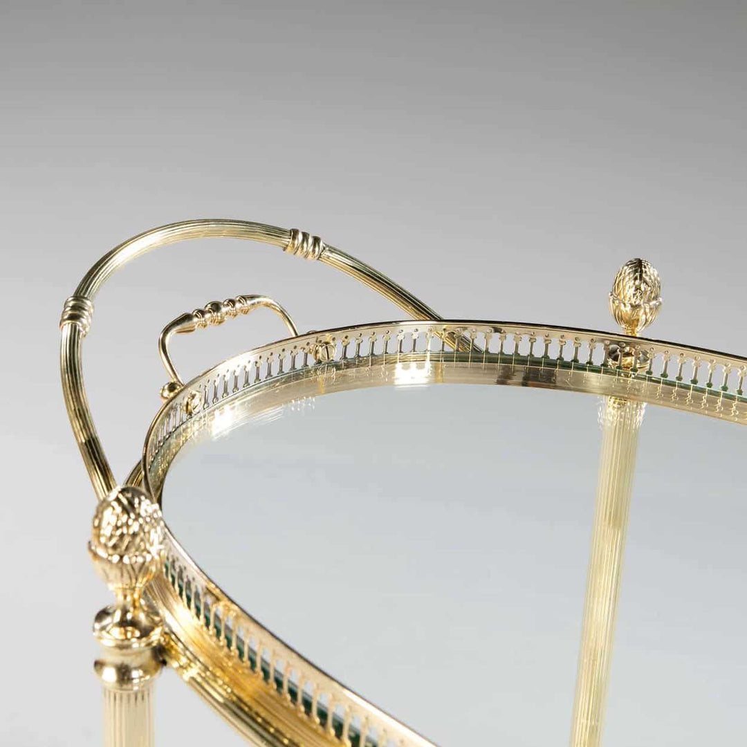 Close-up of a Mid Century Maison Jansen Bar Cart with brass and glass detailing from Nicholas Wells Antiques